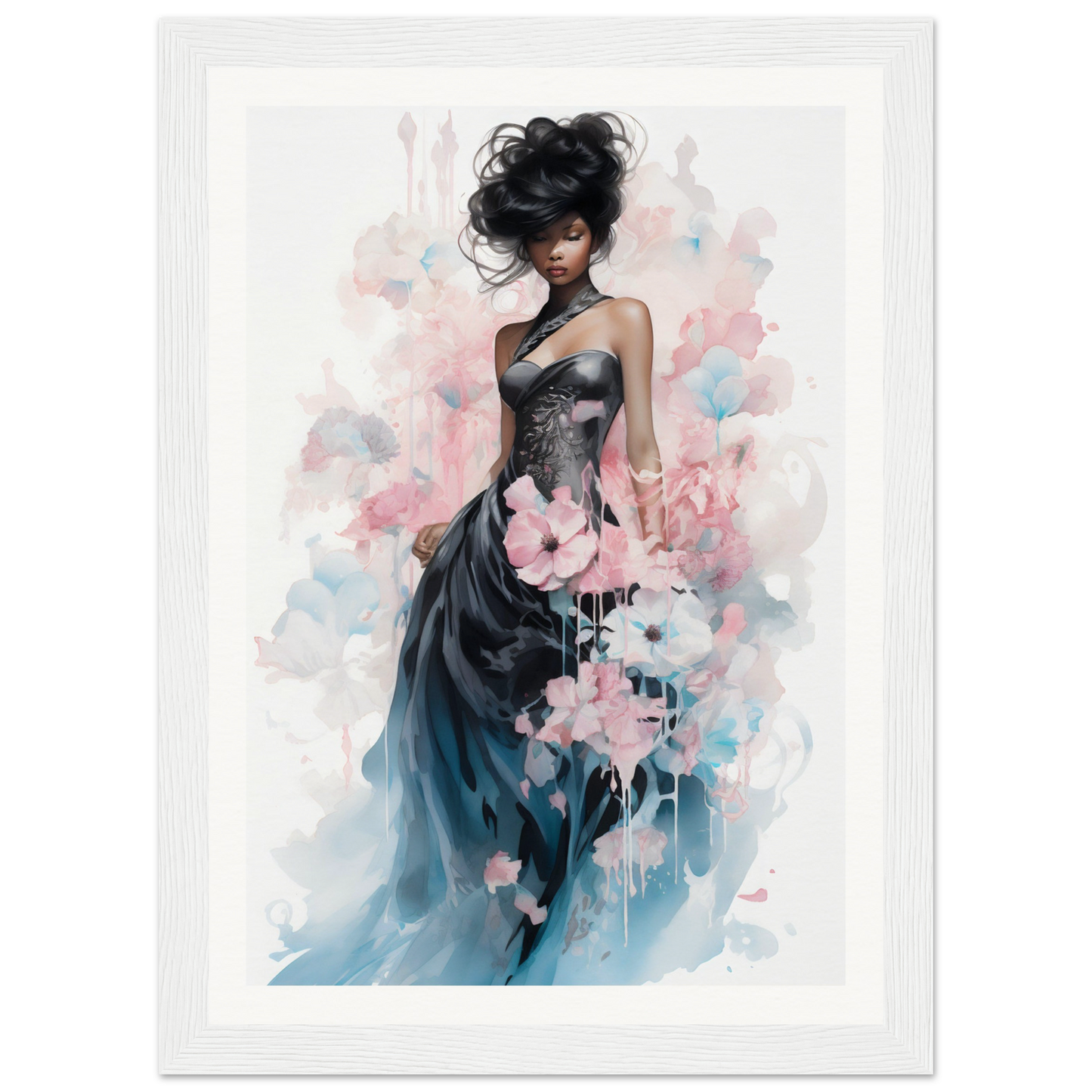 Elegant woman in a flowing dark gown adorned with pink floral elements.