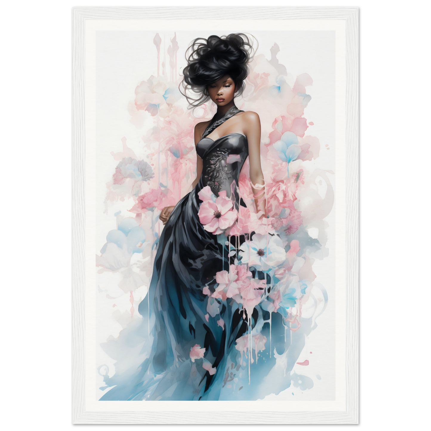 Elegant woman in a flowing gown adorned with floral elements.