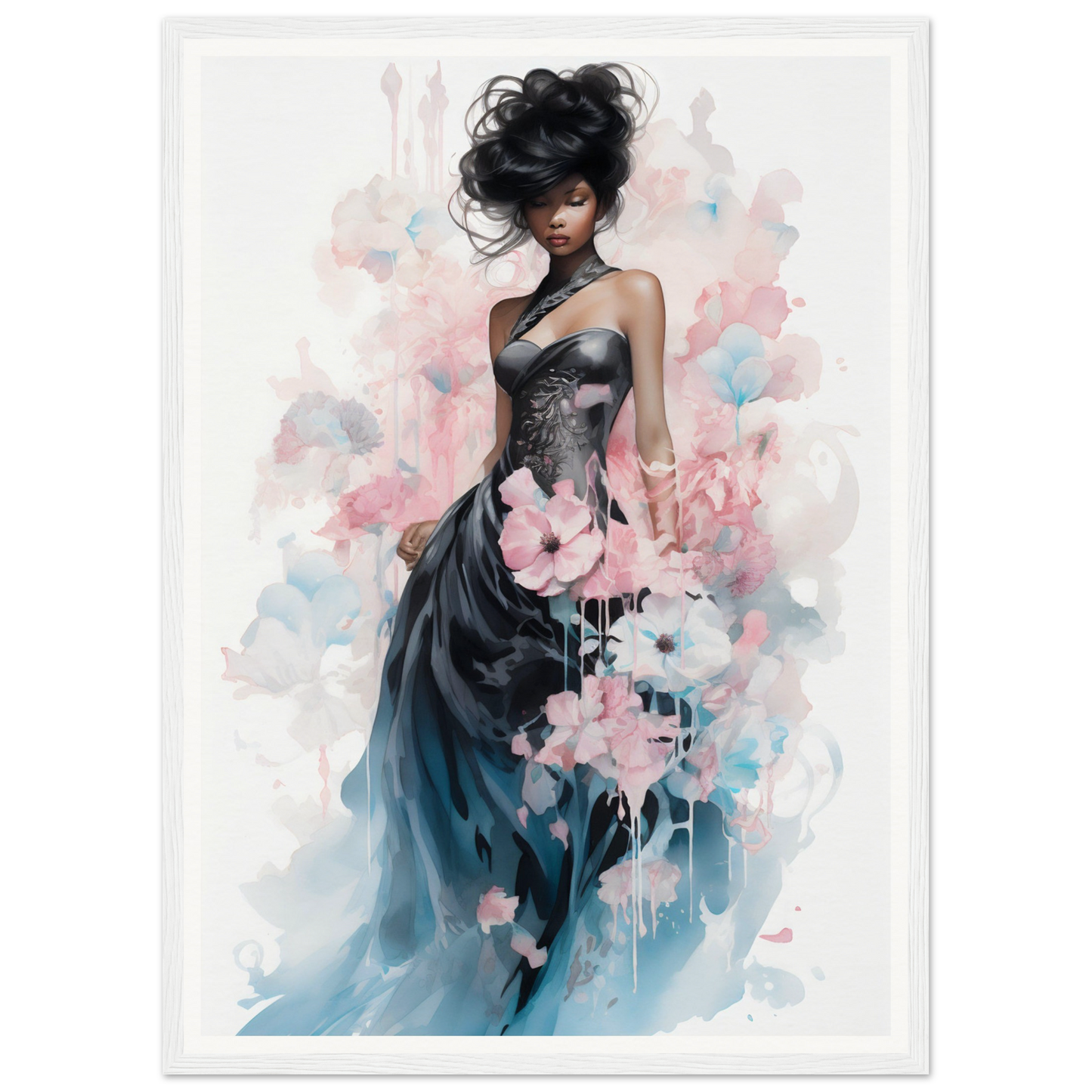 Elegant woman in a flowing blue-gray gown adorned with pink floral elements.