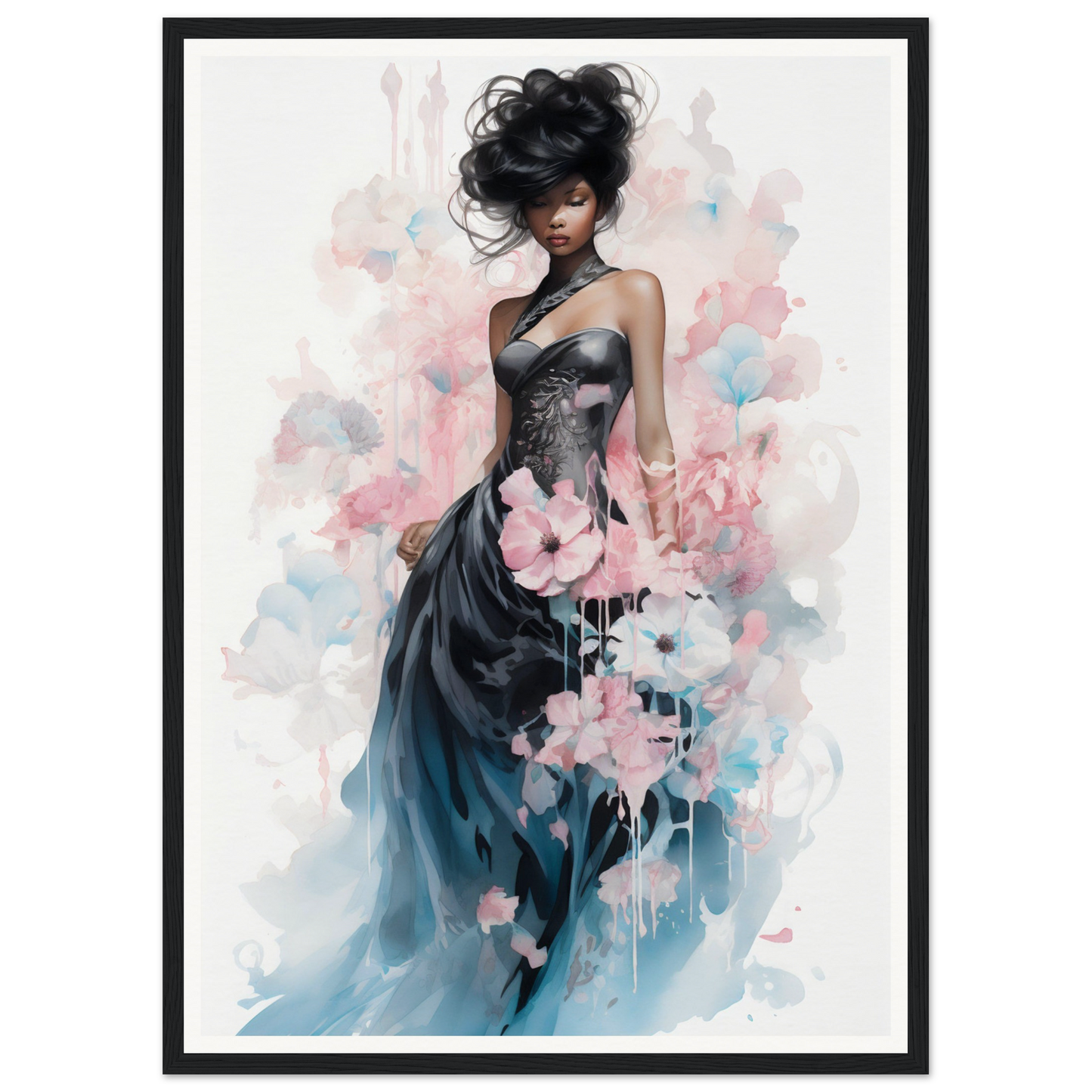 Elegant woman in a flowing blue-gray gown adorned with pink floral accents.