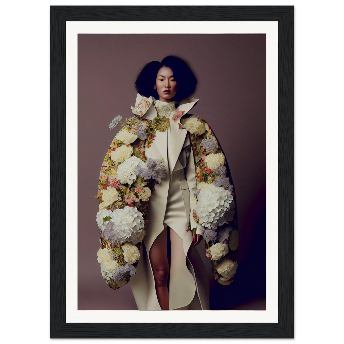 Woman wearing an elaborate floral coat over a white dress.