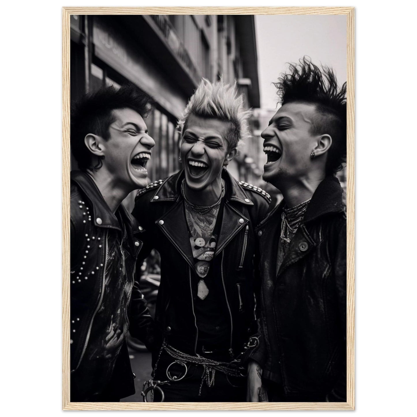 Three punk rockers with mohawks laughing exuberantly.