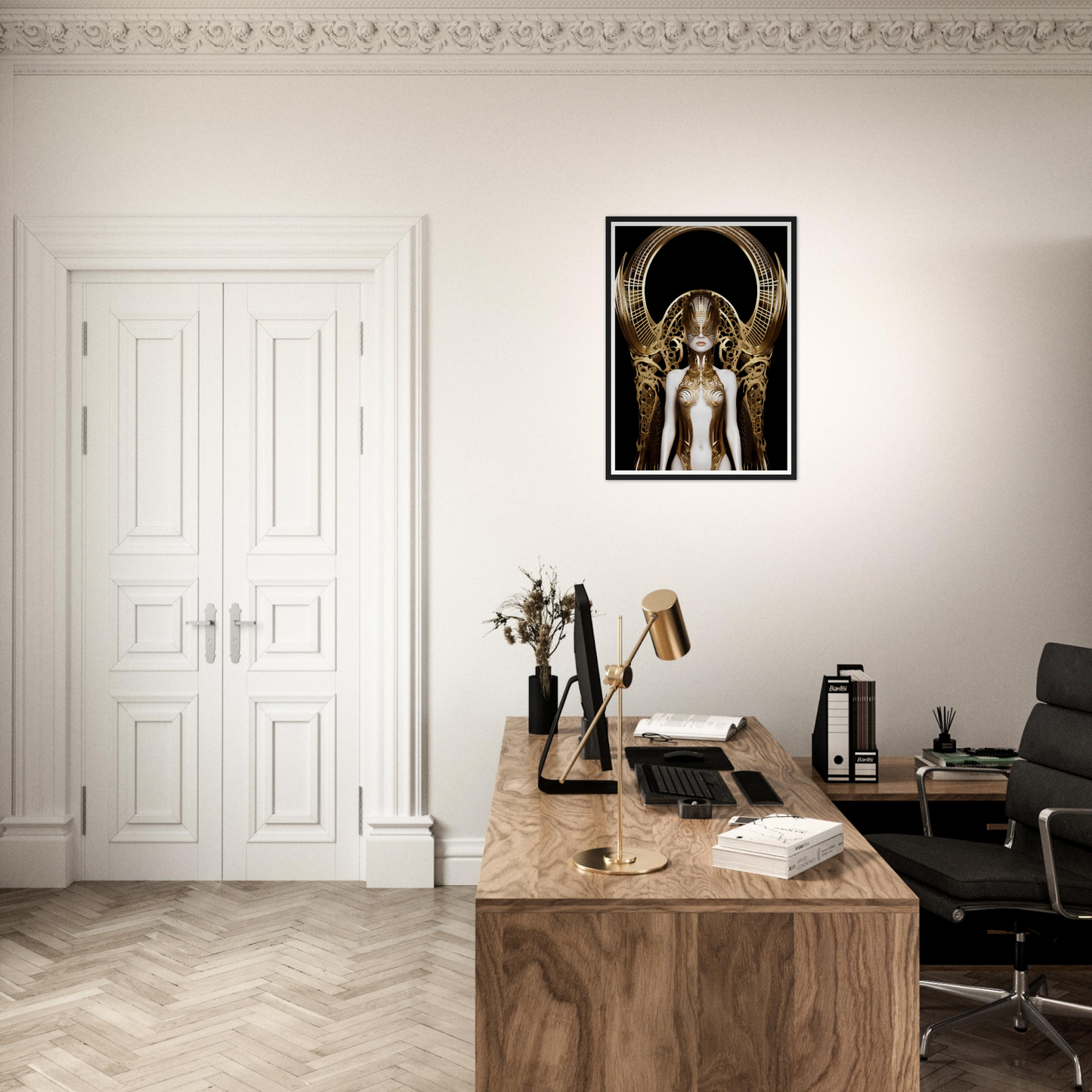Stylish home office with a wooden desk, modern chair, and striking wall art.
