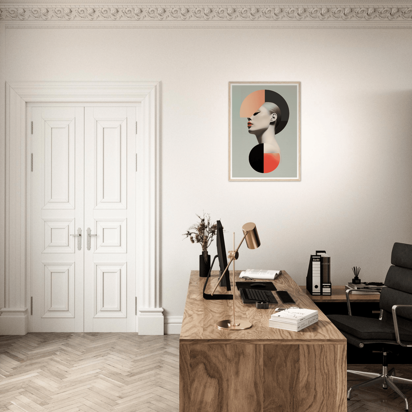 Stylish home office workspace with a wooden desk and modern art print on the wall.