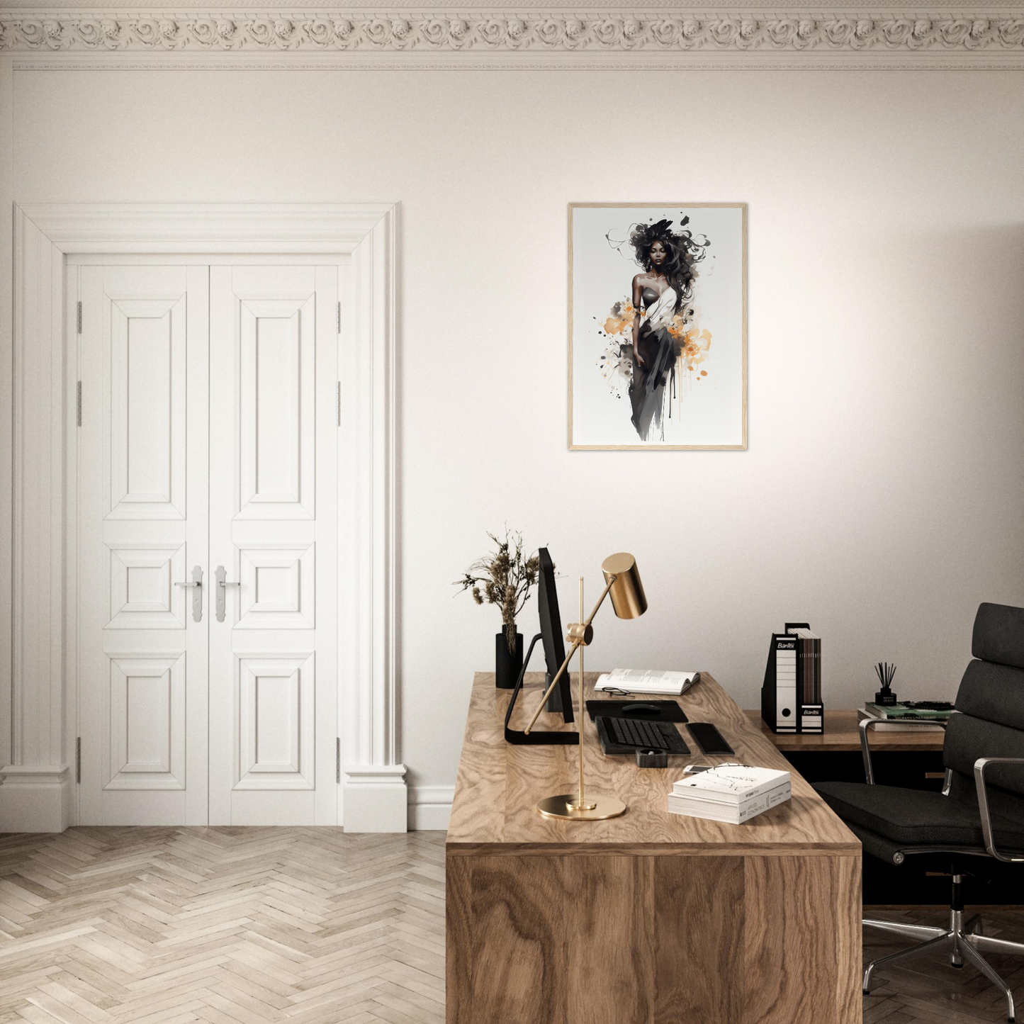 Elegant home office workspace with a wooden desk and artistic wall decor.