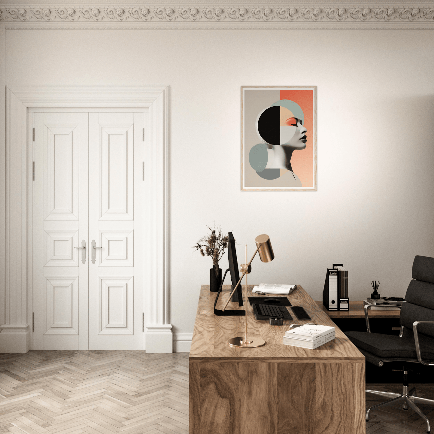 Stylish home office workspace with a wooden desk, modern art print, and office equipment.