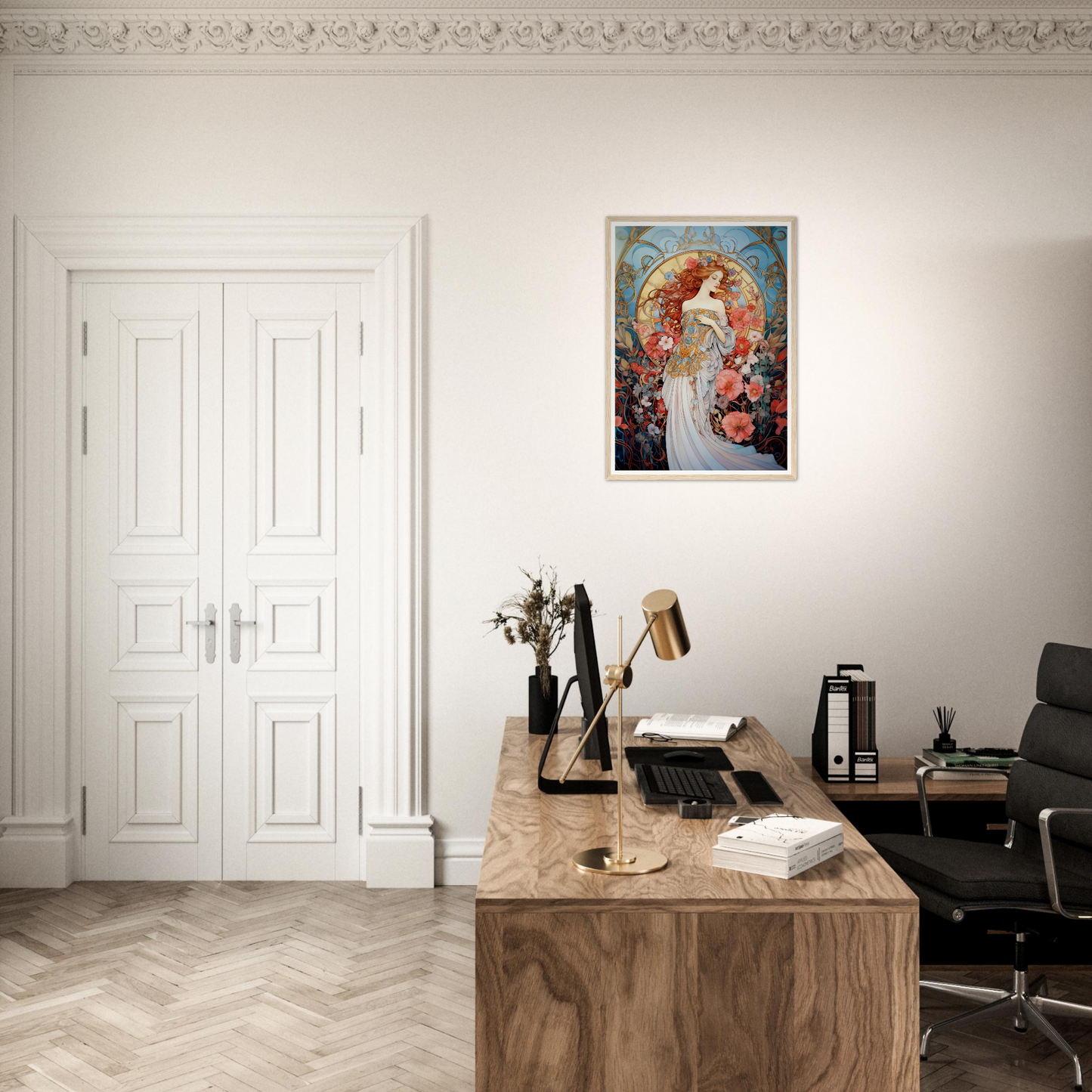 Elegant home office workspace with a wooden desk and decorative wall art.