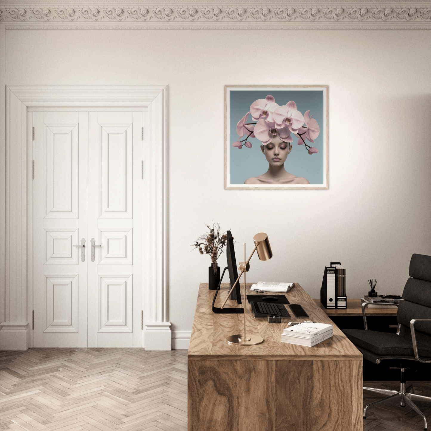 Stylish home office workspace with a wooden desk and modern decor.