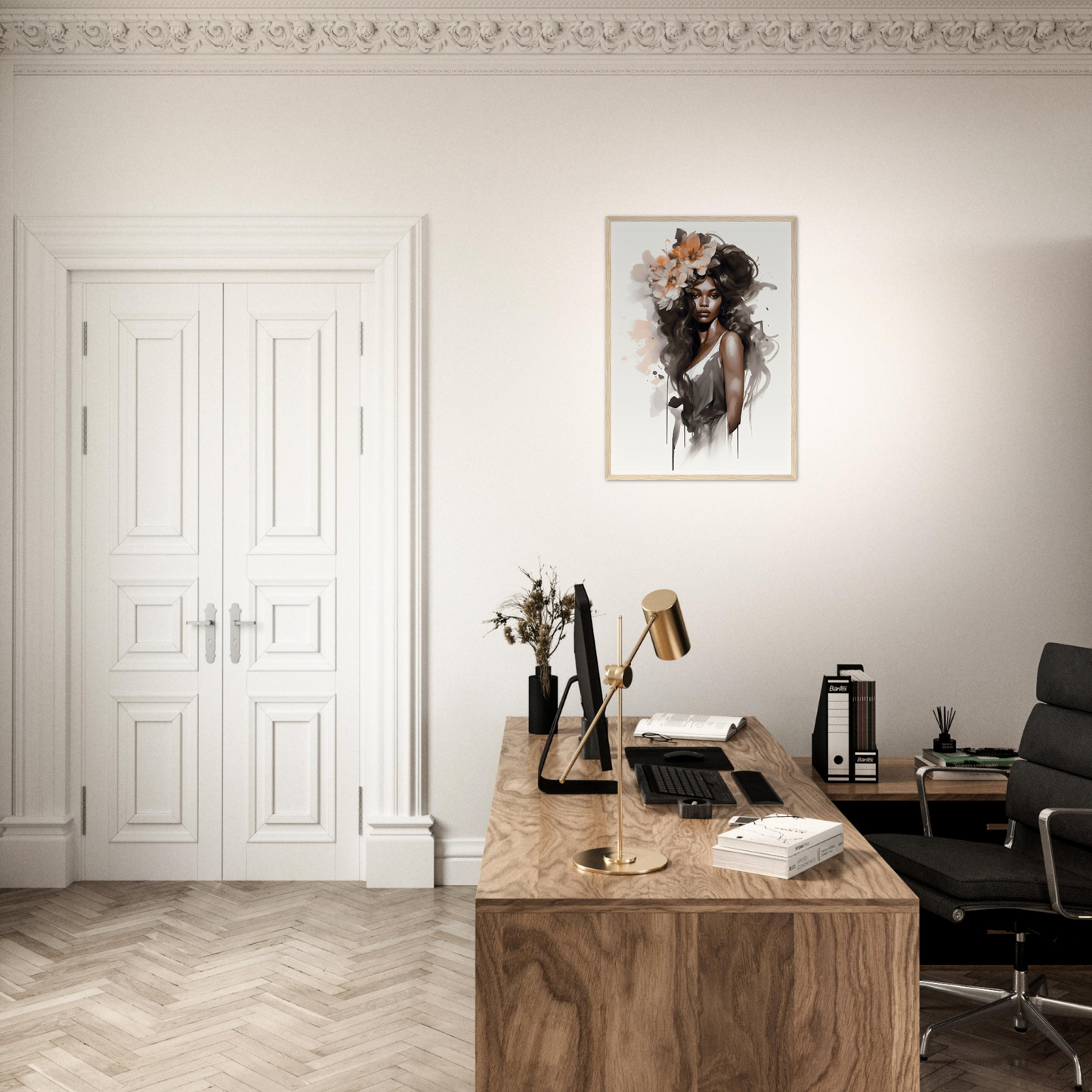 Home office workspace with a wooden desk, office chair, and decorative wall art.