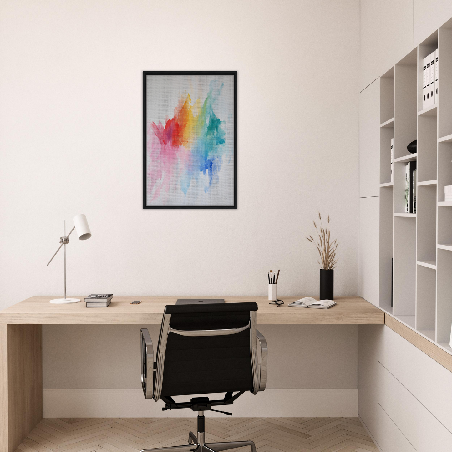 Minimalist home office featuring Color Dream Overload framed canvas print and modern desk