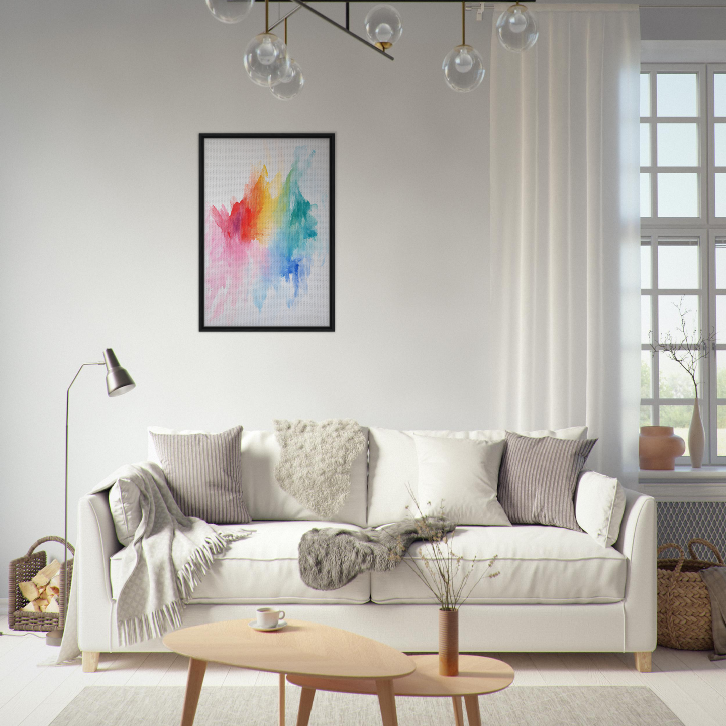 White sofa adorned with throw pillows and blankets from Color Dream Overload for room decor