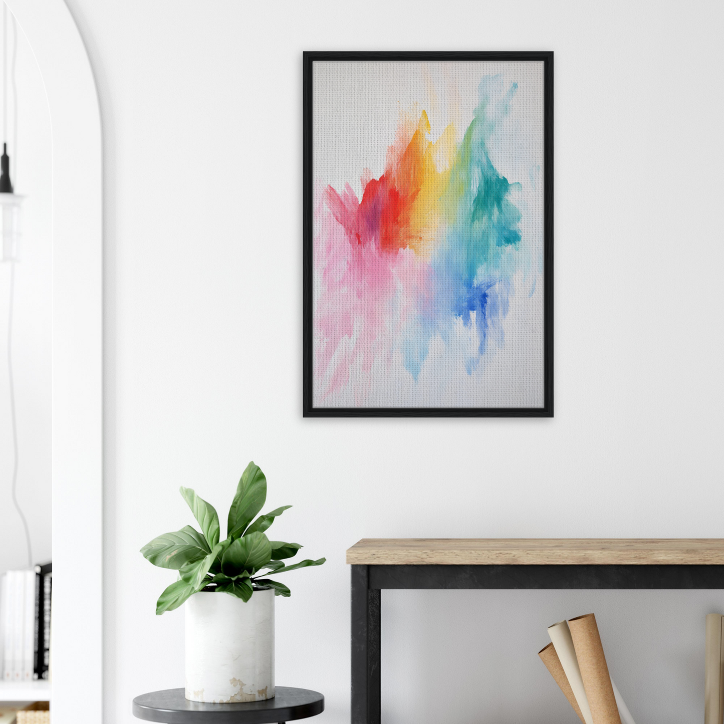 Framed abstract watercolor painting in vibrant rainbow colors for Color Dream Overload room decor