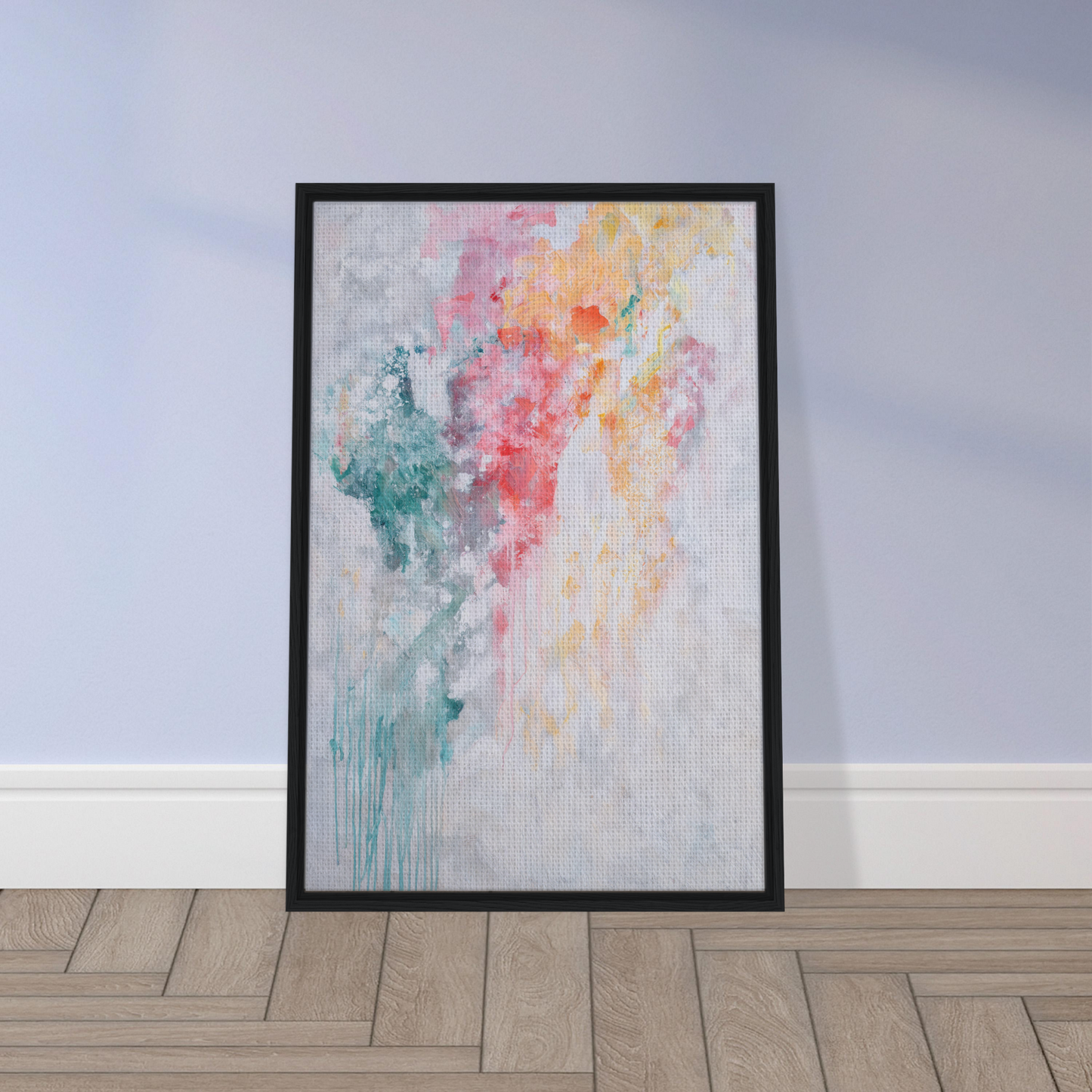 Framed canvas print of Colorful CurrentsConsciousness with soft pastel colors and drips