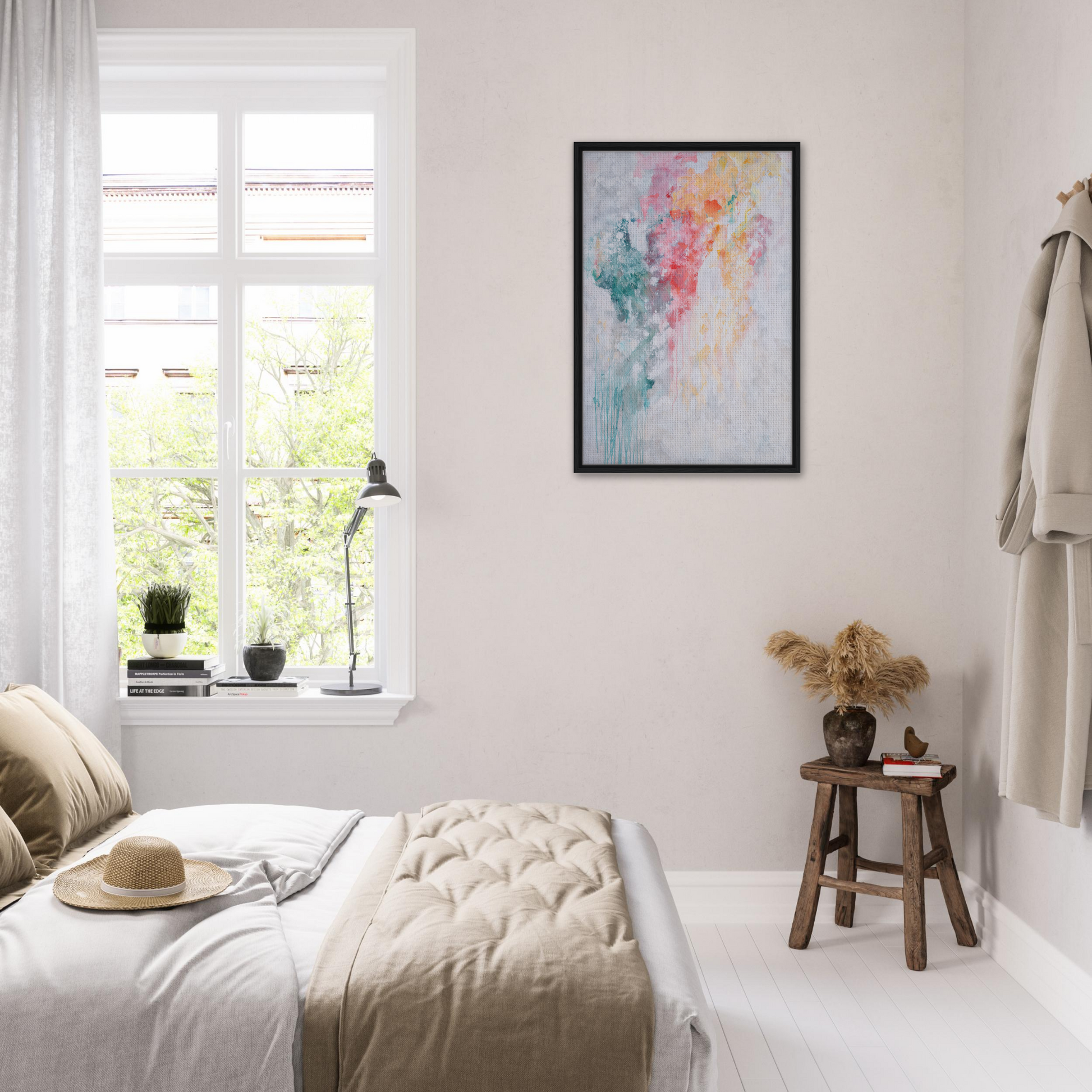 Bright airy bedroom with white decor and Colorful CurrentsConsciousness wall art for room decor