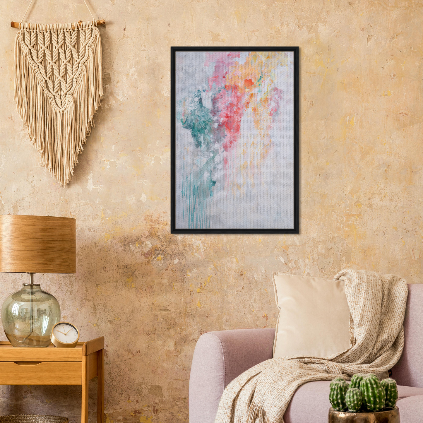 Framed abstract watercolor painting in soft pastels for Colorful CurrentsConsciousness room decor