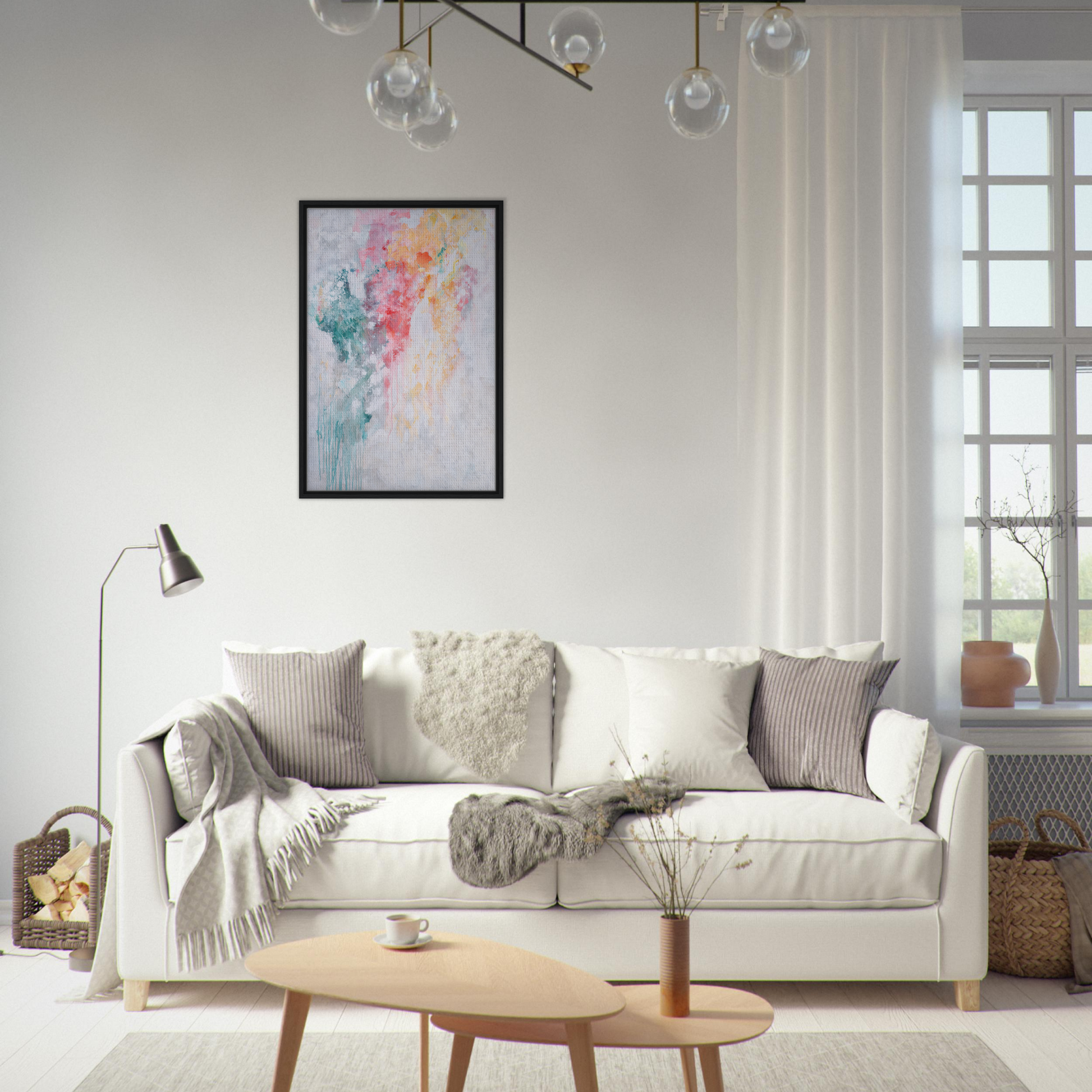 White sofa adorned with throw pillows, featured in Colorful CurrentsConsciousness room decor