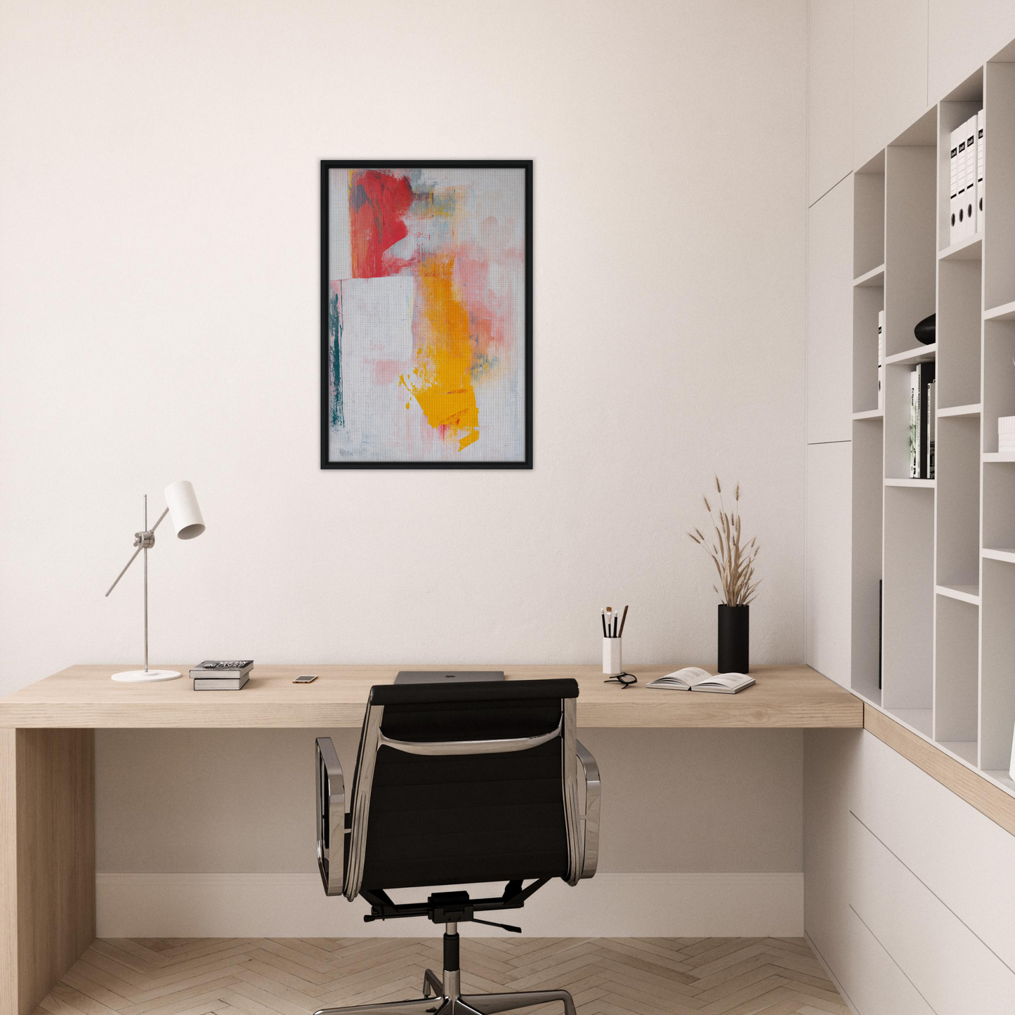 Minimalist home office featuring Colorful Francis Trips and abstract expressionism wall art