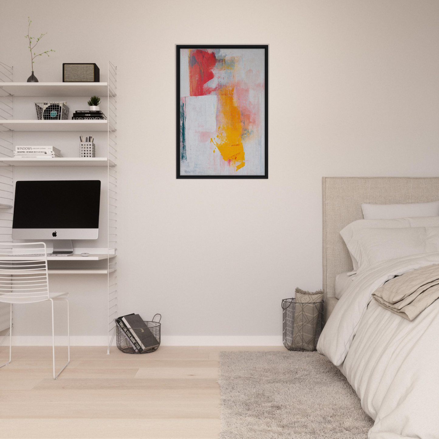 Modern bedroom with minimalist decor and abstract expressionism in Colorful Francis Trips