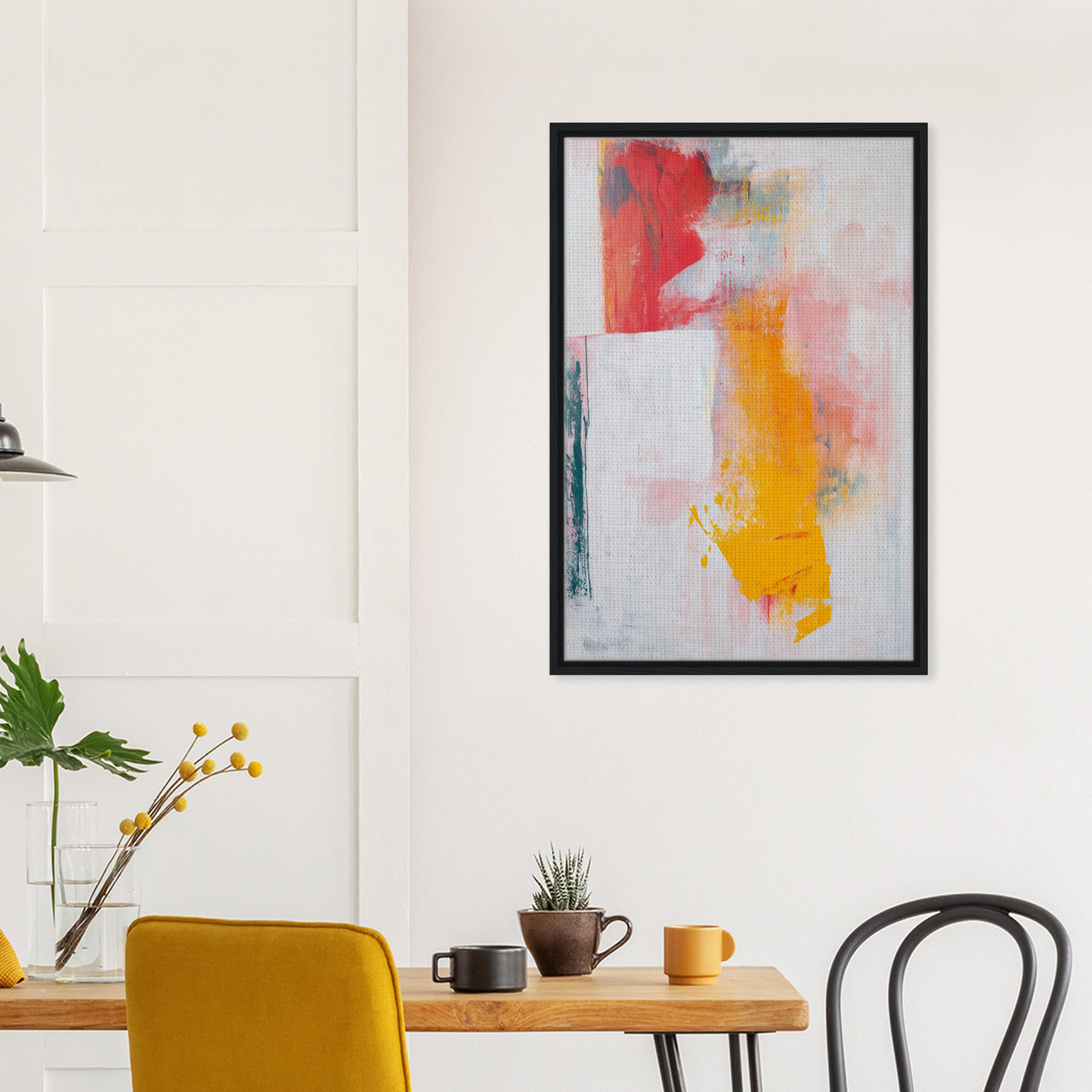 Framed canvas print of an abstract expressionism piece featuring bold red and yellow brushstrokes