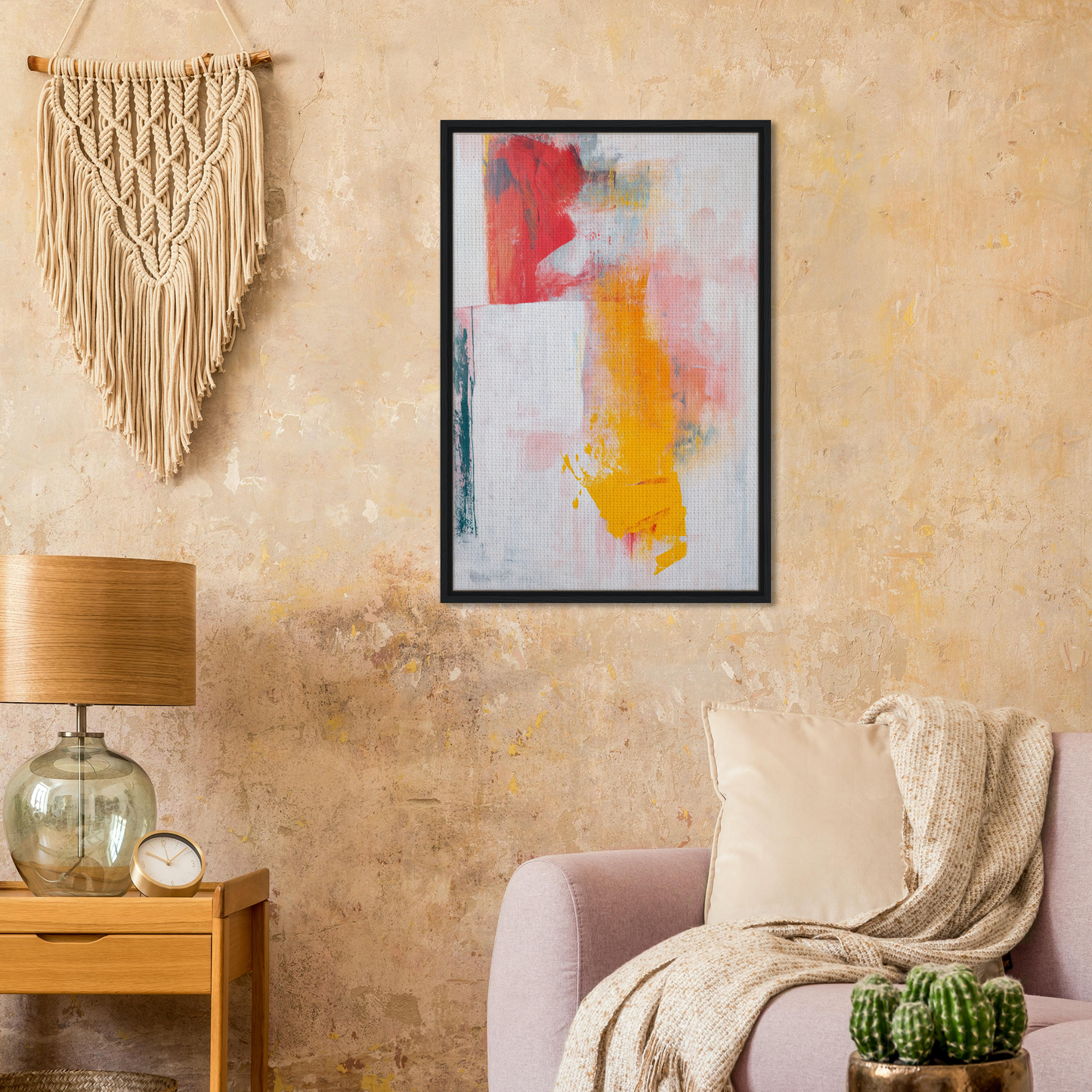 Abstract painting with vibrant red, yellow, and blue brushstrokes in Colorful Francis Trips