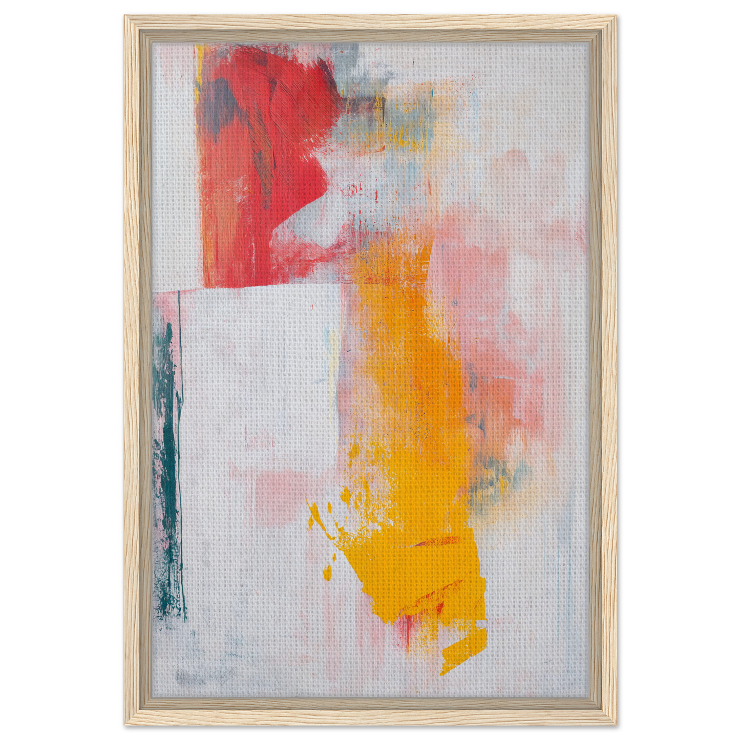 Abstract painting in Colorful Francis Trips showcasing bold red, yellow, and soft pink strokes