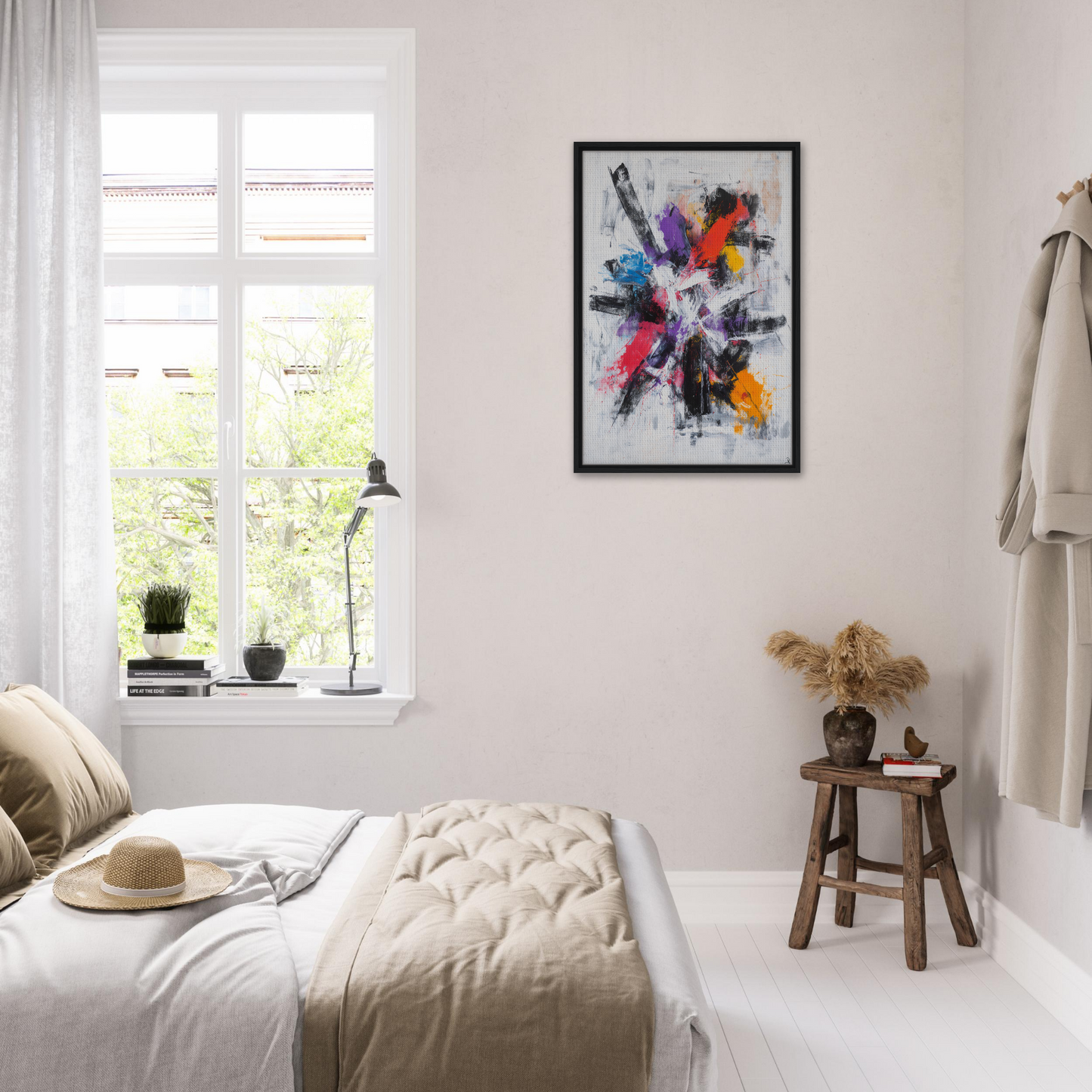 Bright abstract painting with colorful splashes in a framed canvas print, Colorful Mindscape Burst