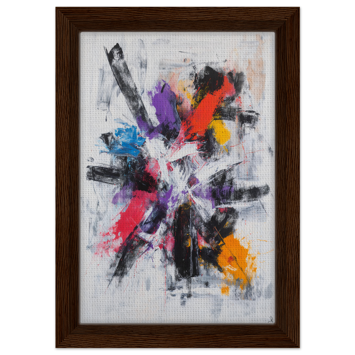 Abstract painting Colorful Mindscape Burst with bold colors in dark wood frame for room decor