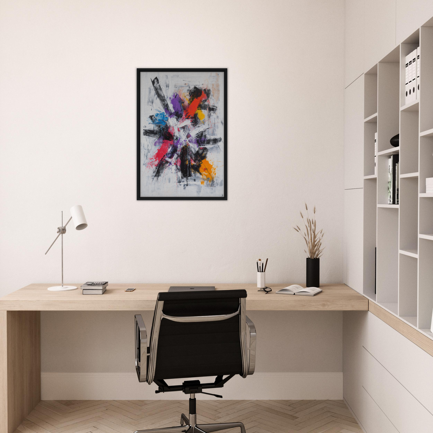 Minimalist home office featuring Colorful Mindscape Burst framed canvas print on wall