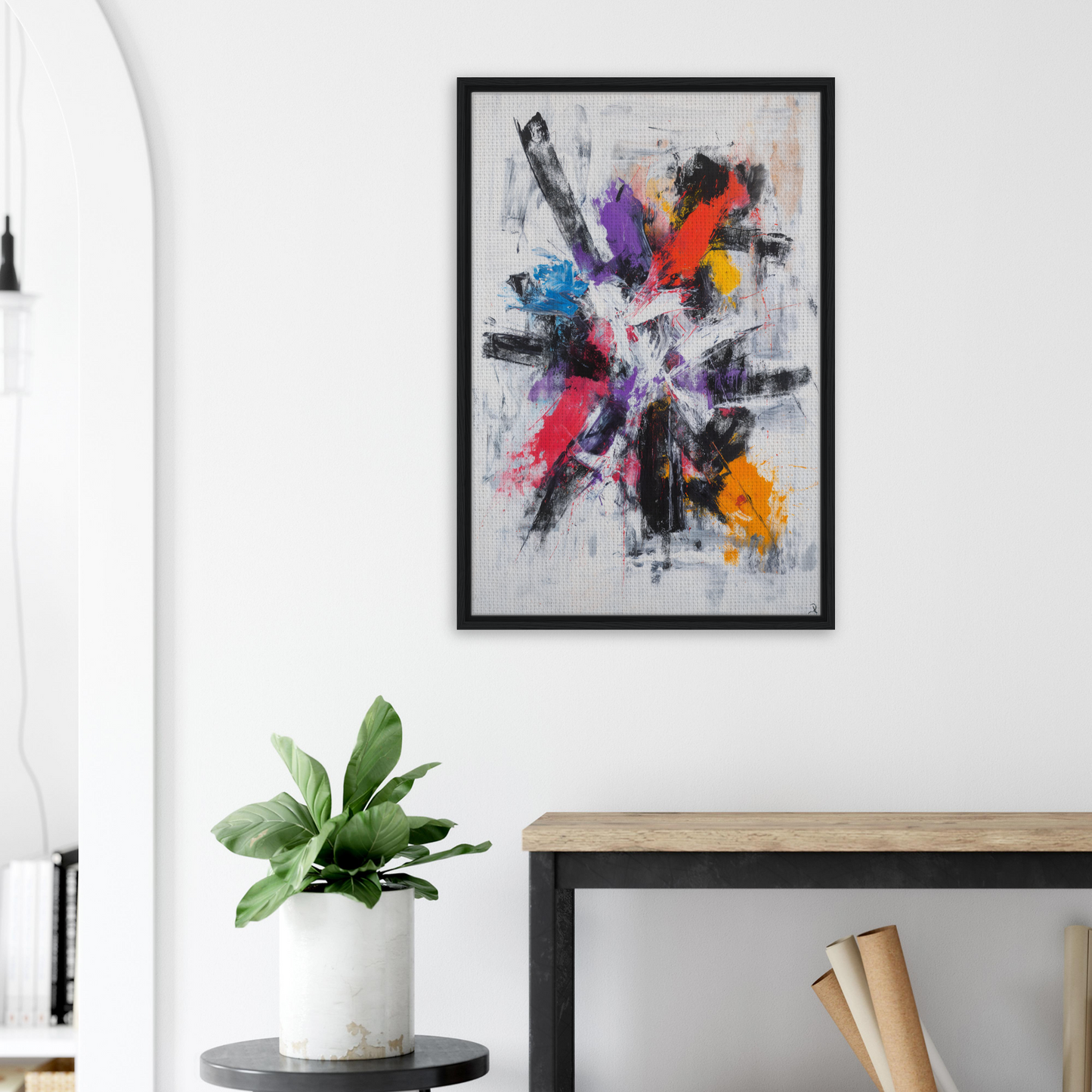 Vibrant abstract painting in black frame, Colorful Mindscape Burst for chic room decor