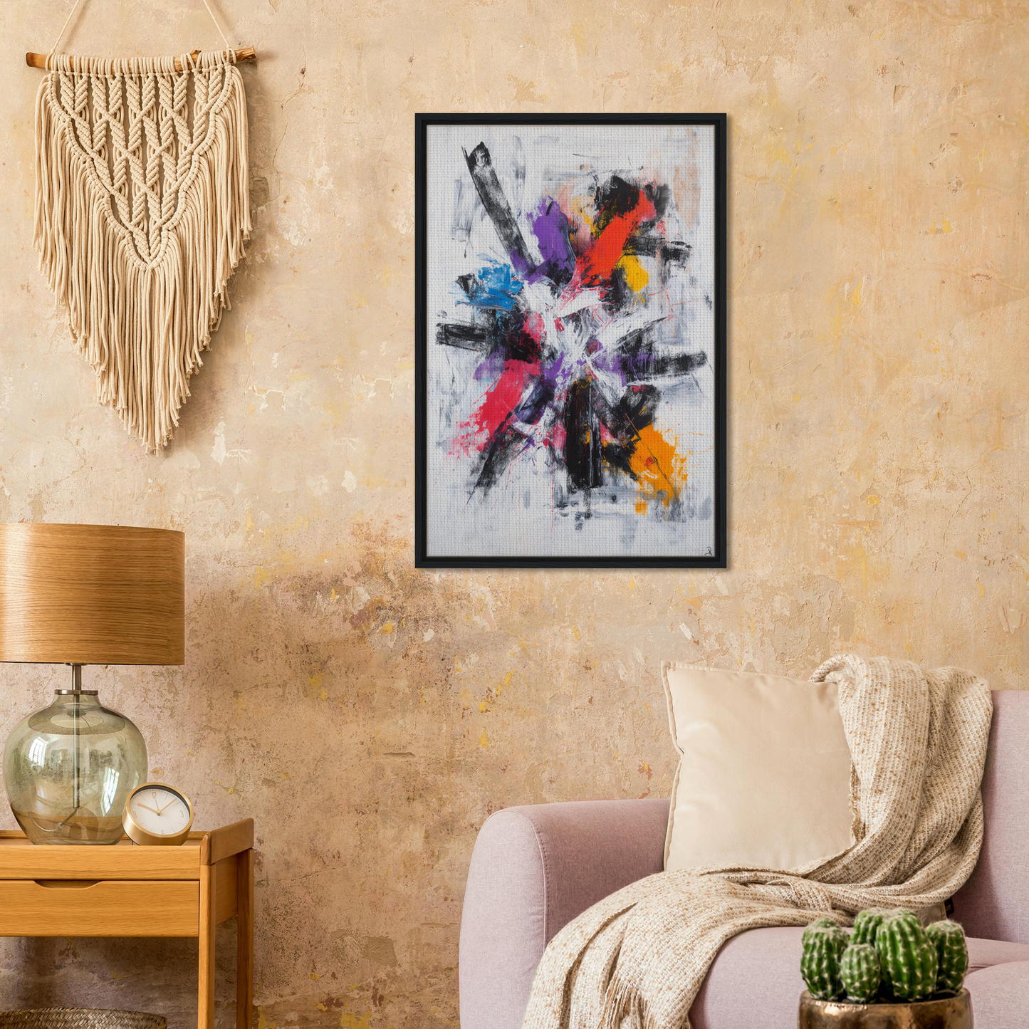 Colorful Mindscape Burst framed canvas print displayed on a textured wall