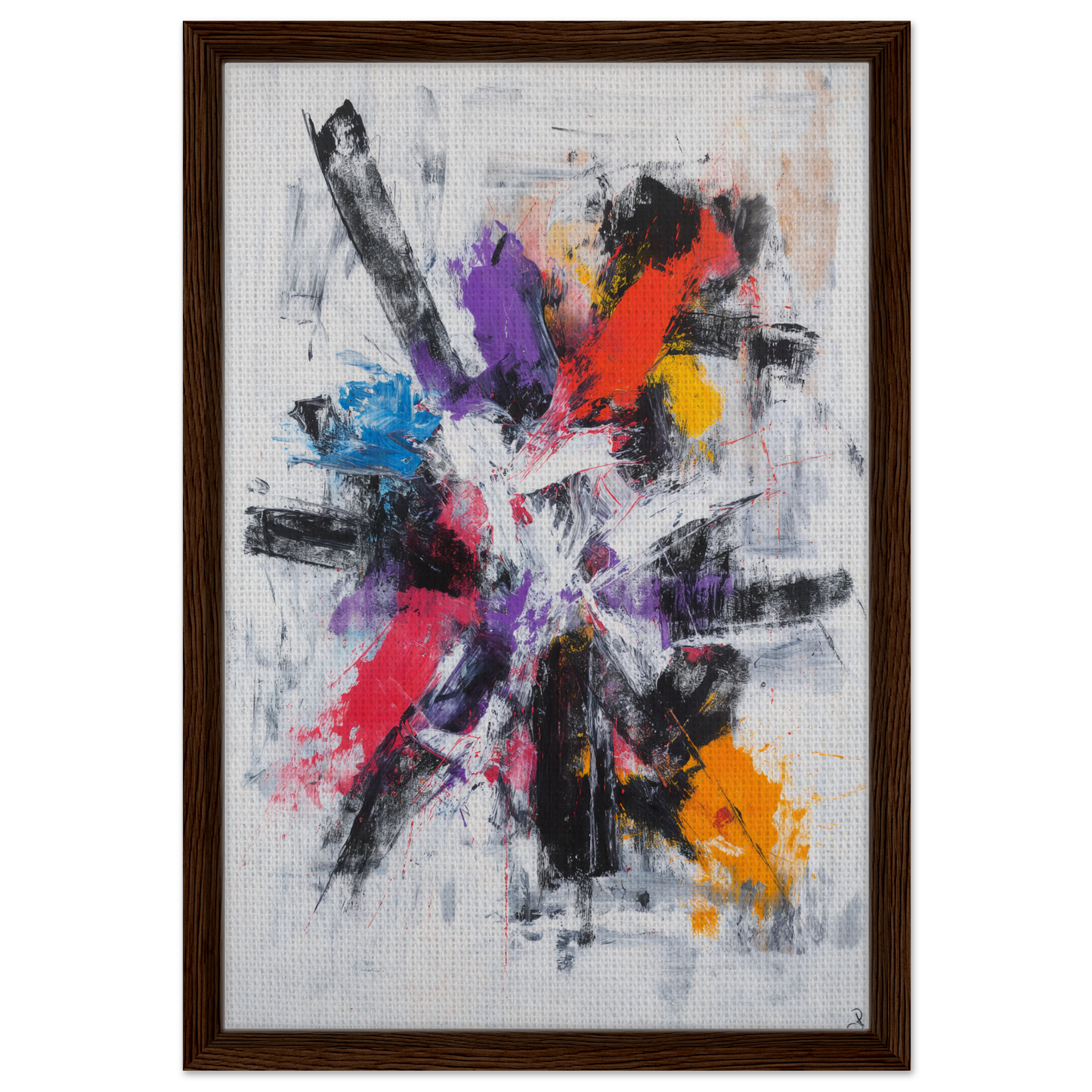 Abstract painting in Colorful Mindscape Burst framed in dark wood on white background