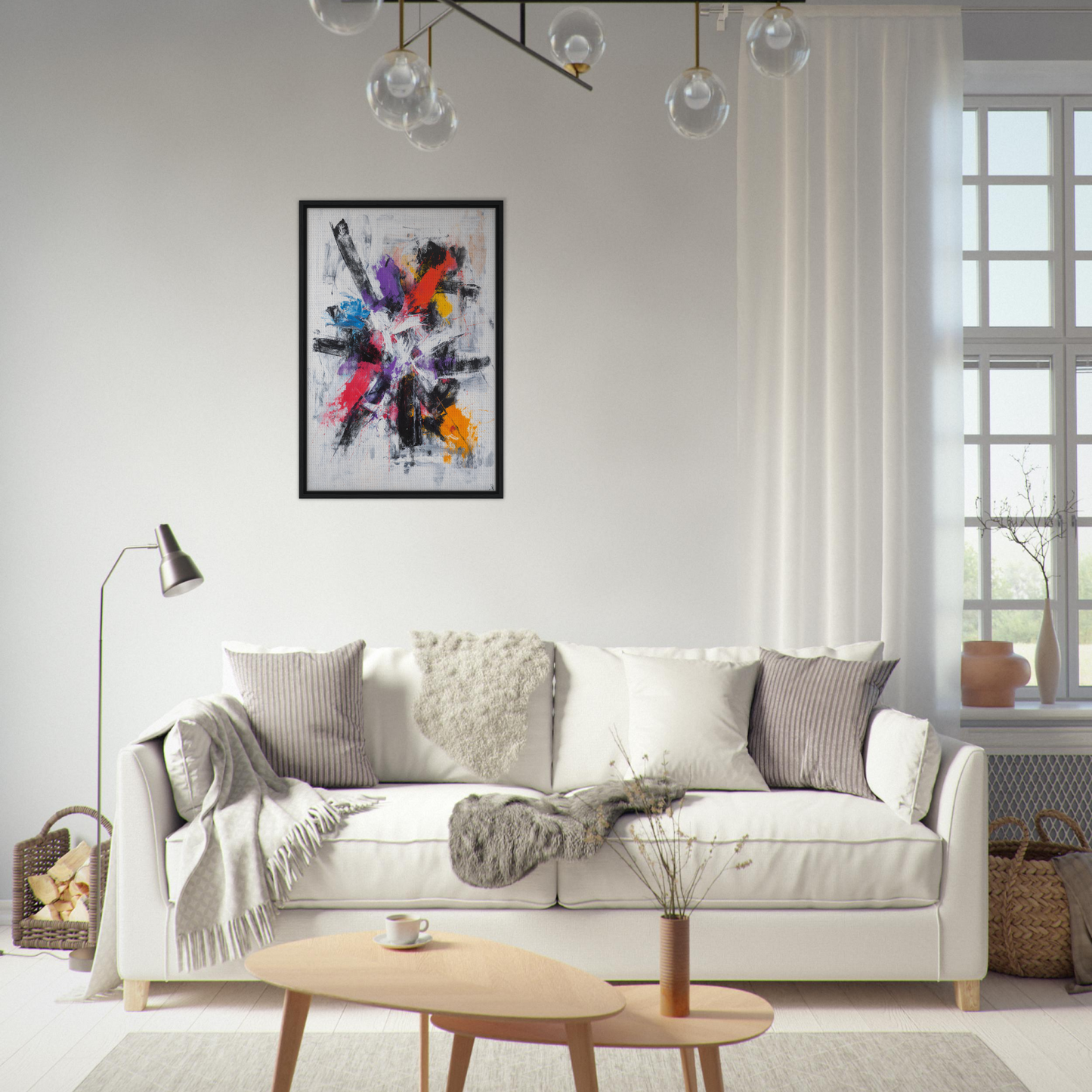 White sofa adorned with throw pillows and blankets, enhancing Colorful Mindscape Burst room decor