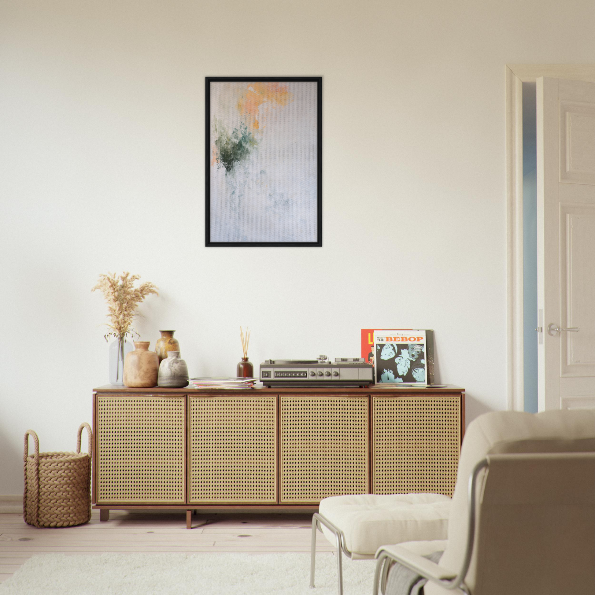 Wooden sideboard with cane-webbed doors showcasing decorative items for Conceptual Color Drift