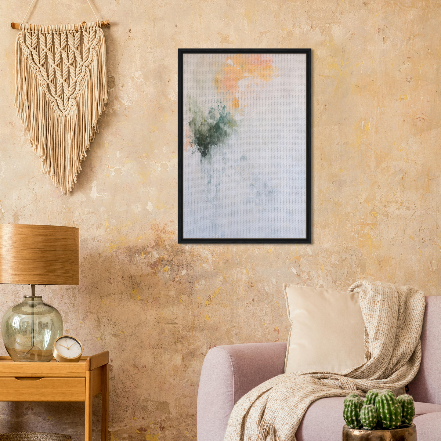 Framed abstract watercolor painting in muted green and orange, perfect for room decor