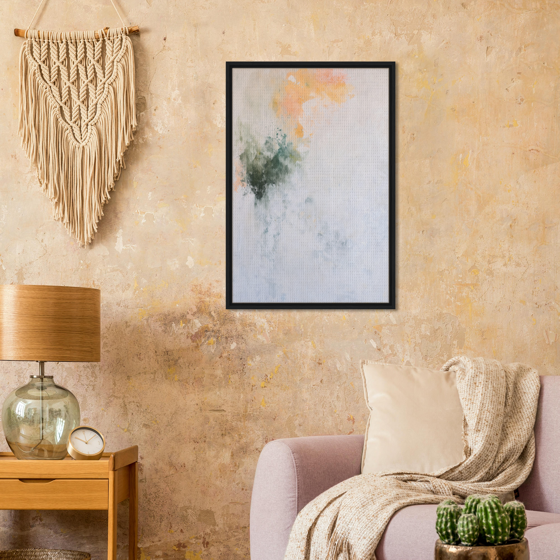 Framed abstract watercolor painting in muted green and orange, perfect for room decor
