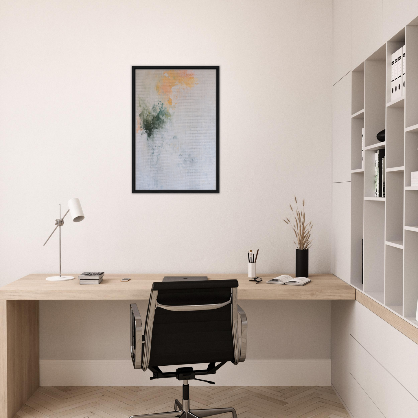 Minimalist home office desk and black office chair in Conceptual Color Drift design
