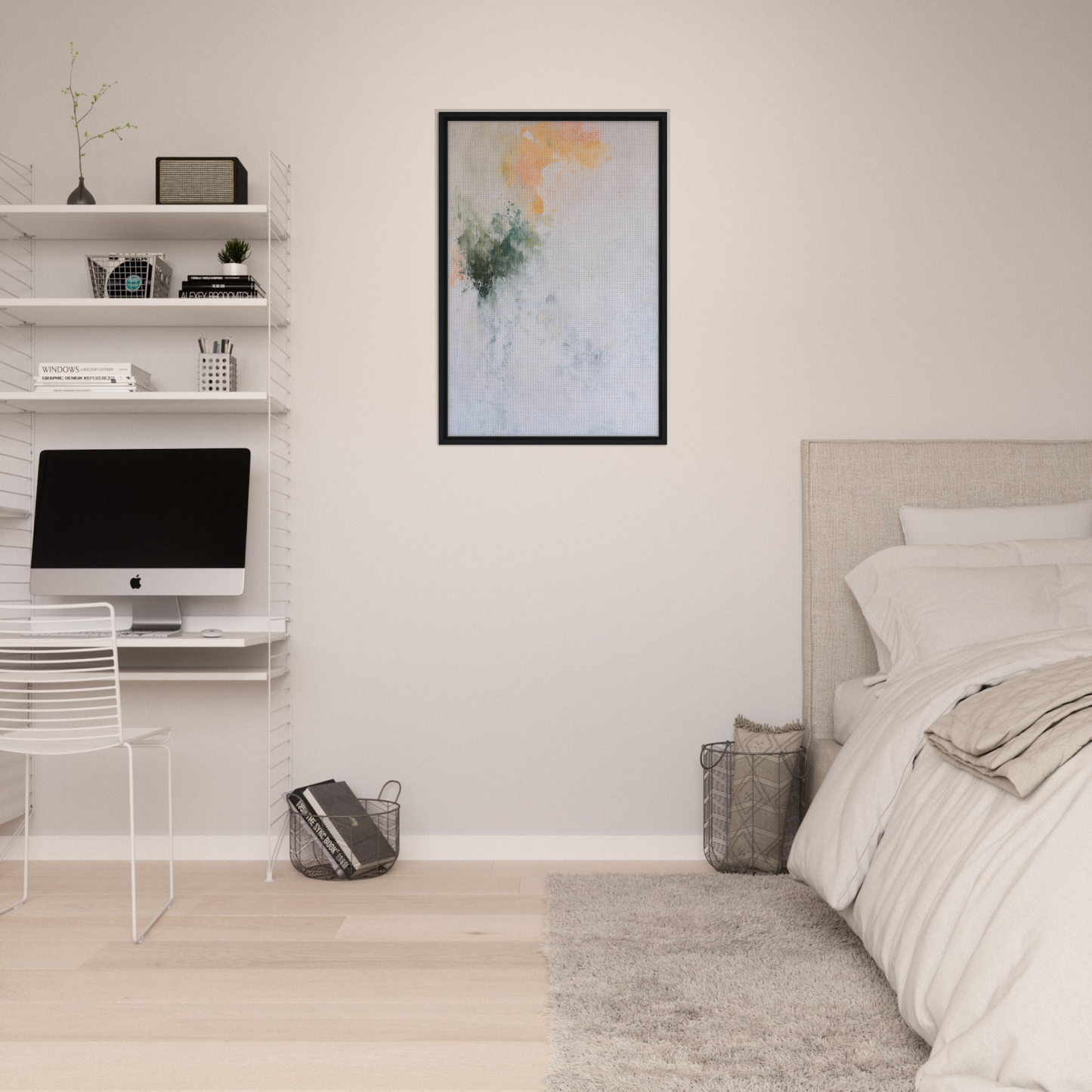 Minimalist bedroom showcasing Conceptual Color Drift artwork and stylish room decor