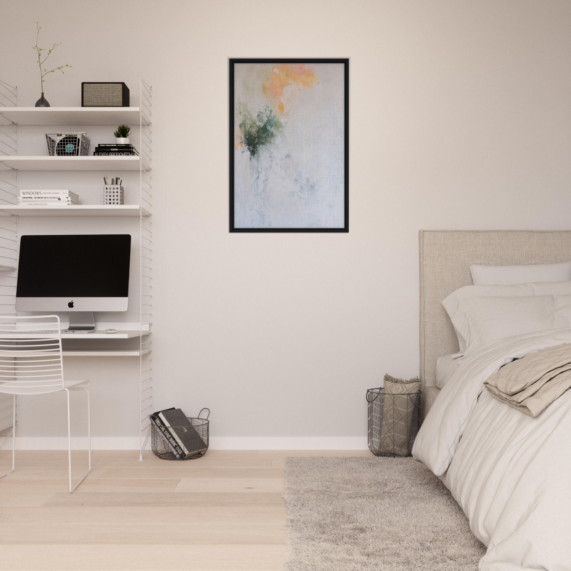 Minimalist bedroom showcasing Conceptual Color Drift artwork and stylish room decor