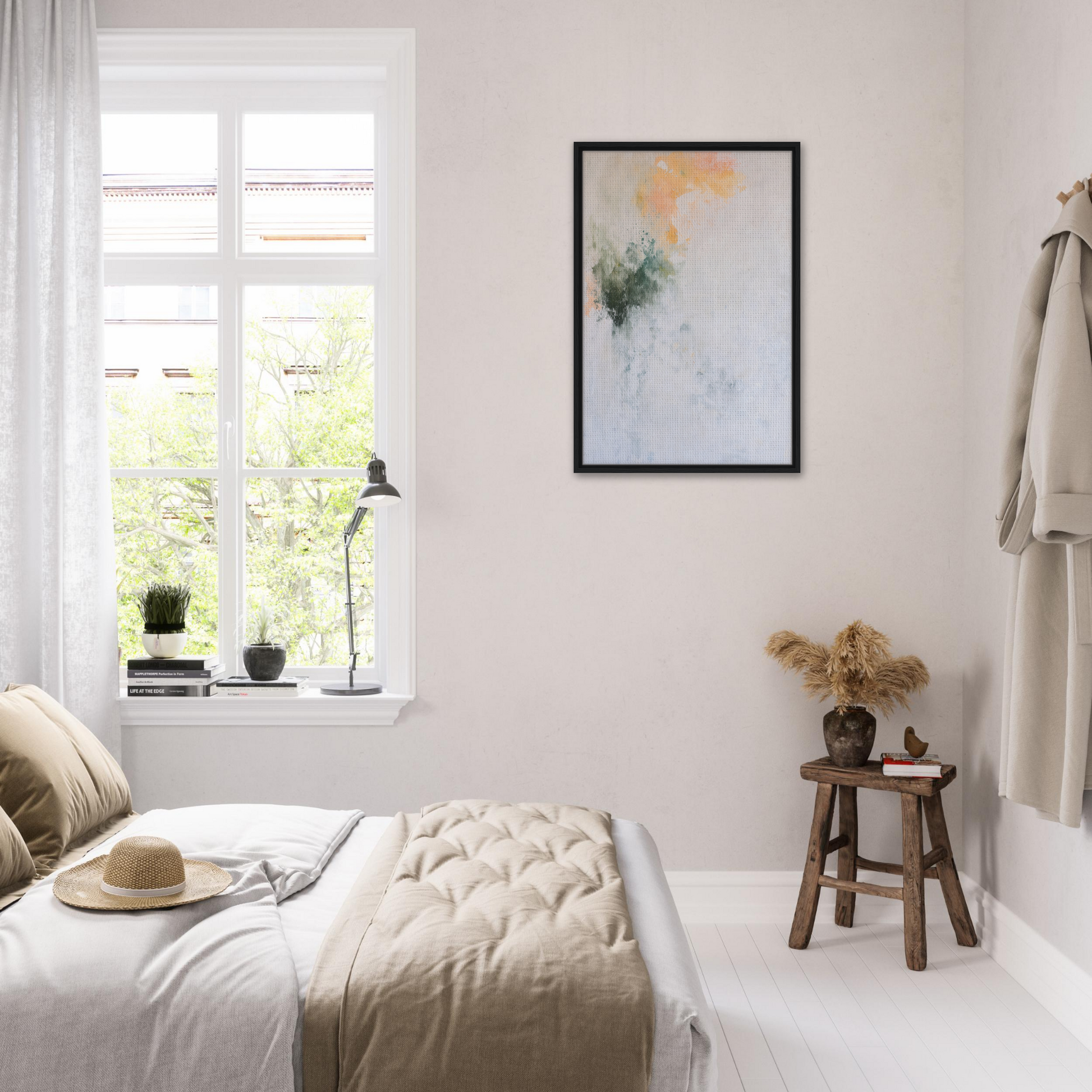 Bright, airy bedroom with minimalist decor showcasing Conceptual Color Drift in neutral tones