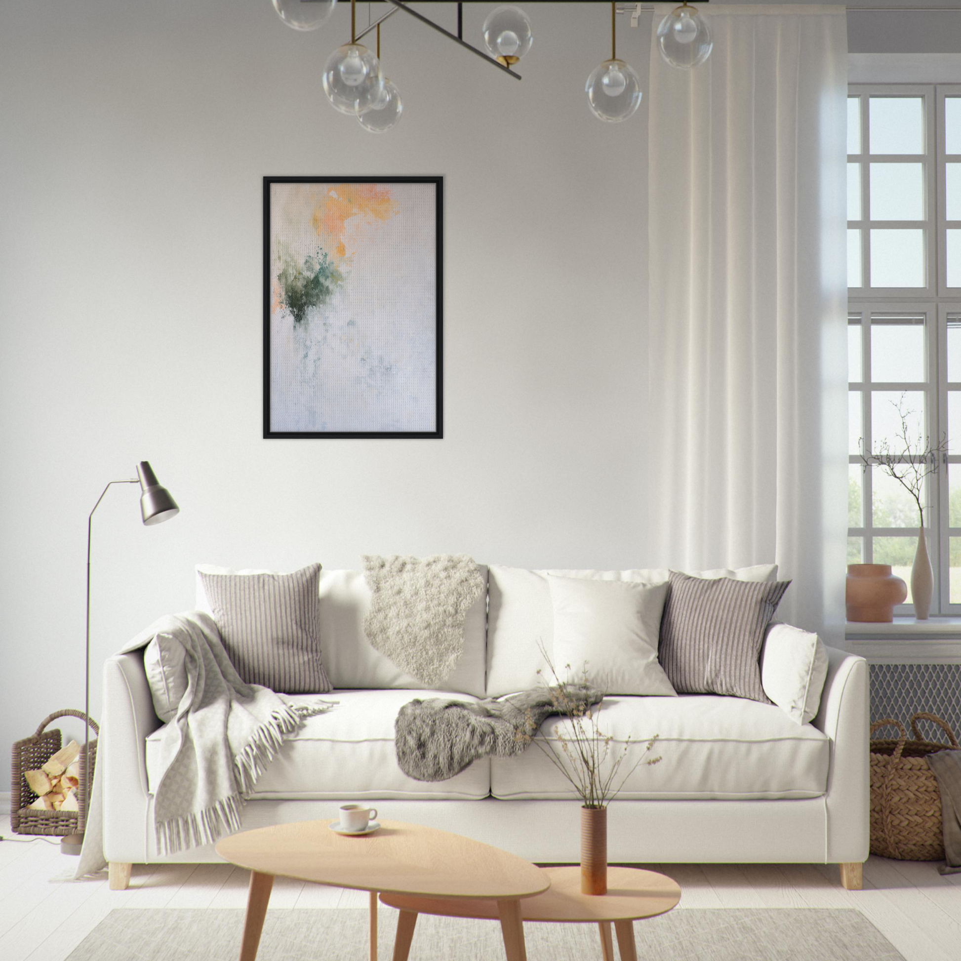 White sofa adorned with throw pillows and blankets from Conceptual Color Drift collection