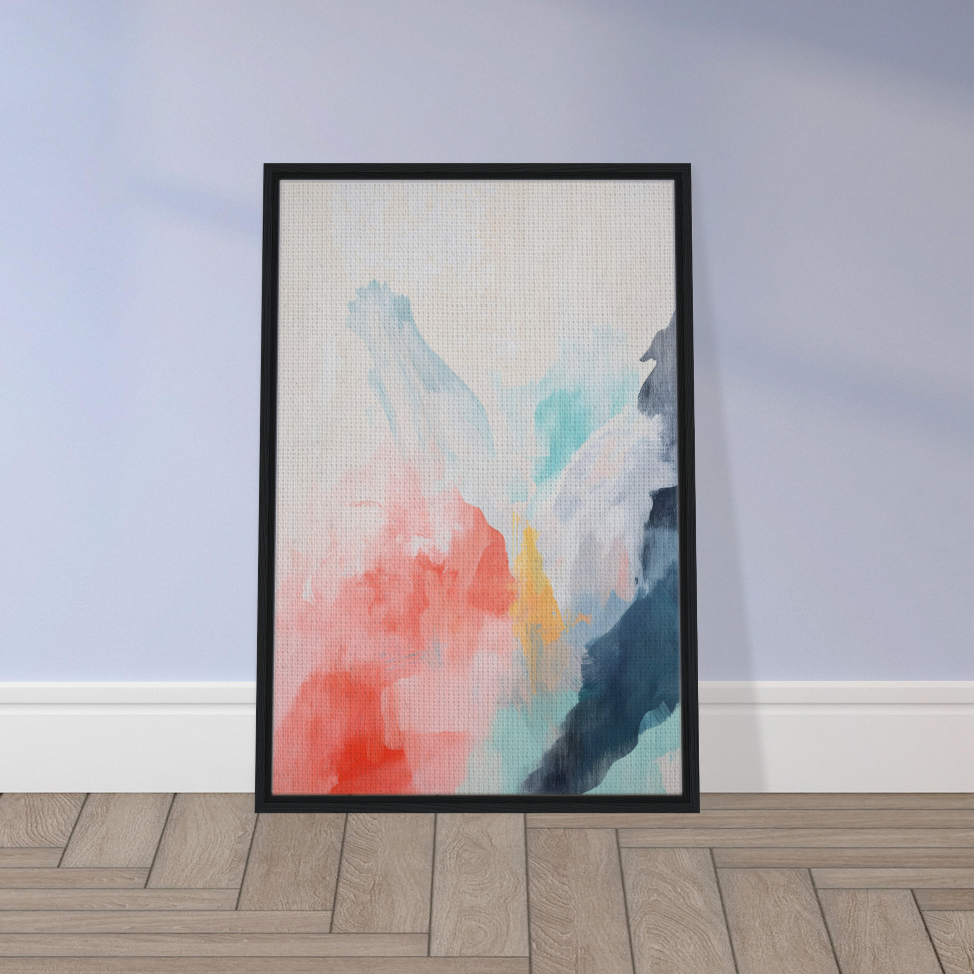 Framed abstract watercolor painting in pastel hues titled Coral Dreams Flowing