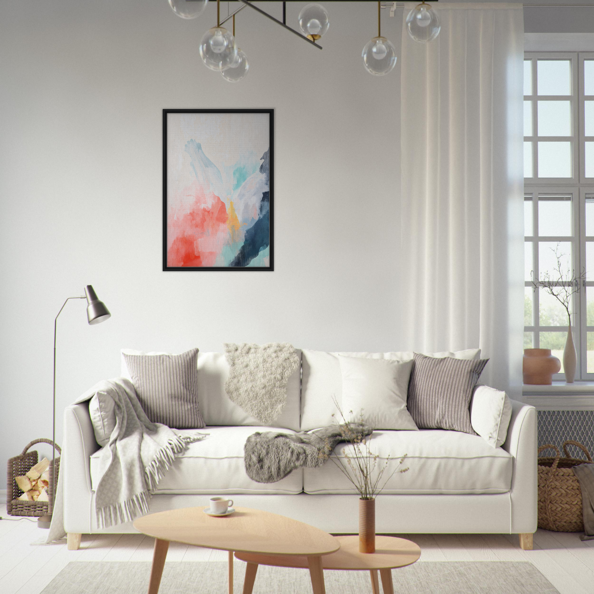 White sofa adorned with throw pillows and blankets in Coral Dreams Flowing room decor