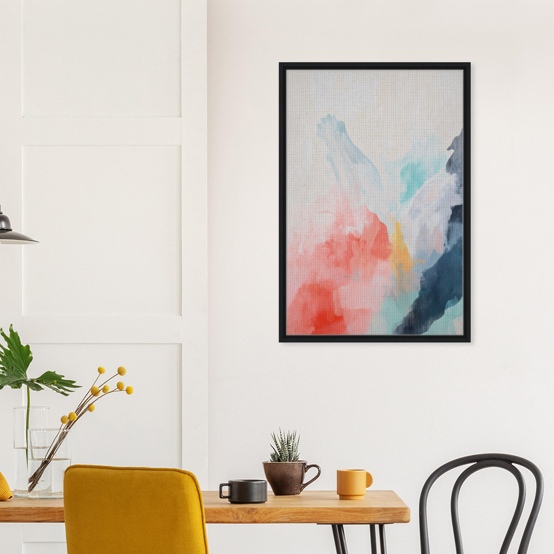Abstract watercolor painting in pastel hues titled Coral Dreams Flowing for elegant room decor