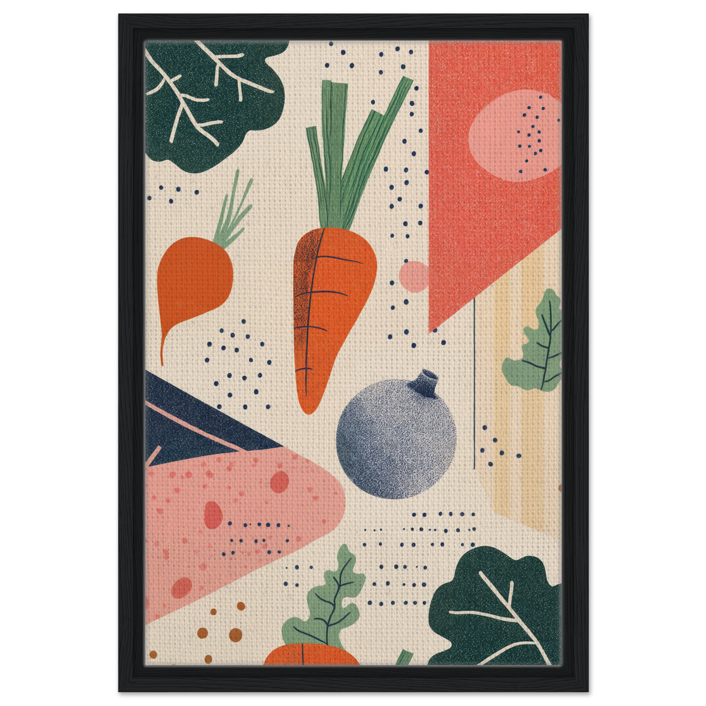 Colorful abstract illustration of stylized vegetables in Cosmic Carrot Cosmos framed canvas print