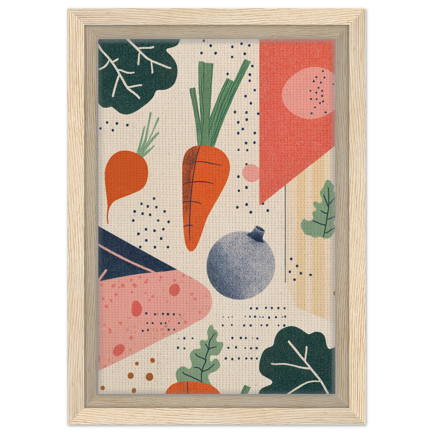Colorful abstract illustration of vegetables in Cosmic Carrot Cosmos framed artwork