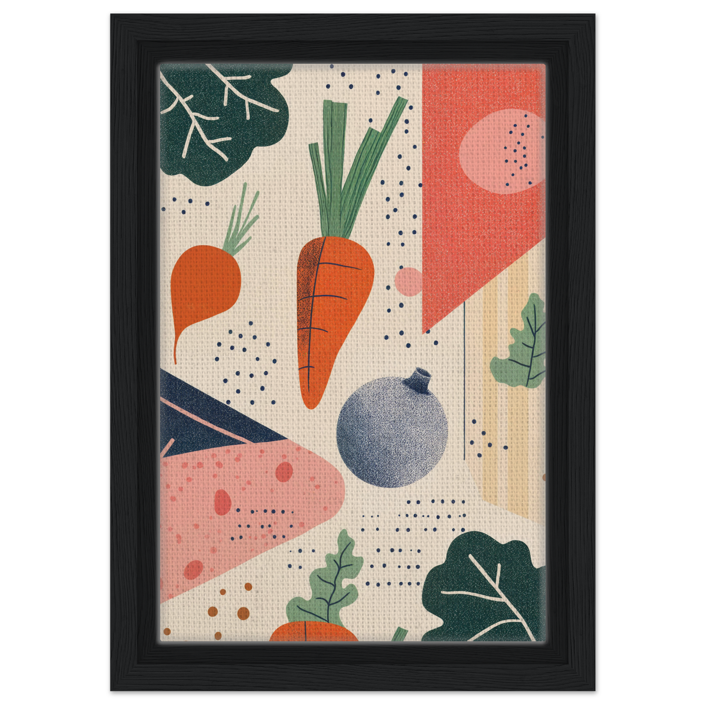 Colorful abstract geometric vegetables illustration for Cosmic Carrot Cosmos framed canvas print