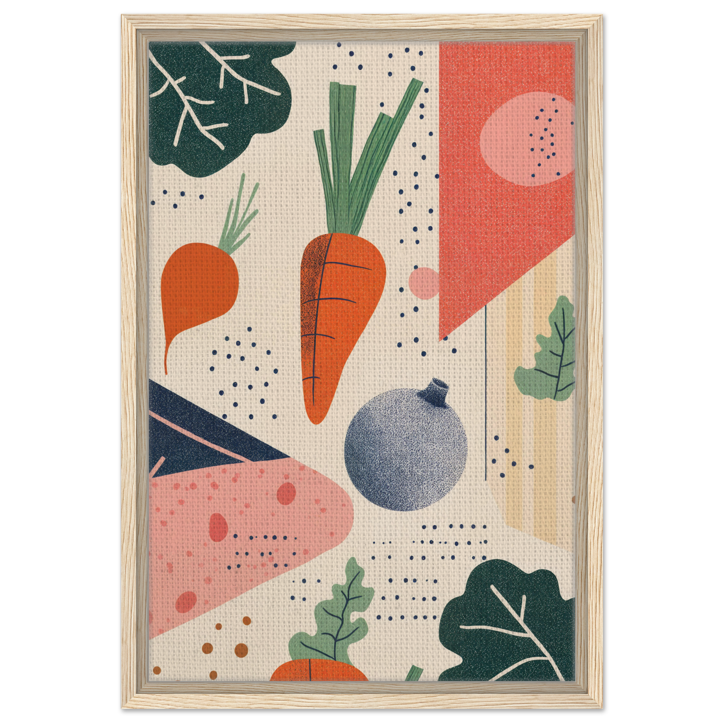 Abstract illustration of colorful vegetables and geometric shapes in Cosmic Carrot Cosmos, framed canvas print