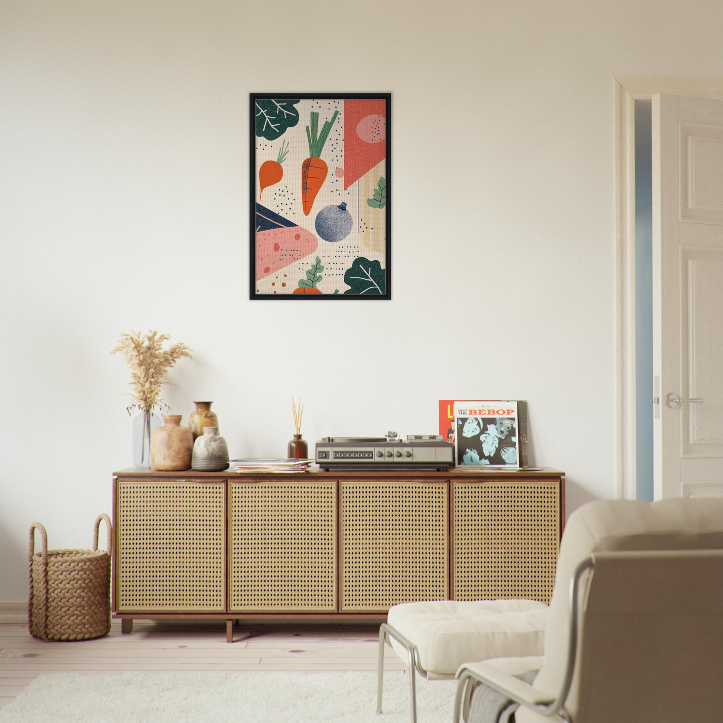 Wooden sideboard with cane-webbed doors and decor, perfect for Cosmic Carrot Cosmos room decor