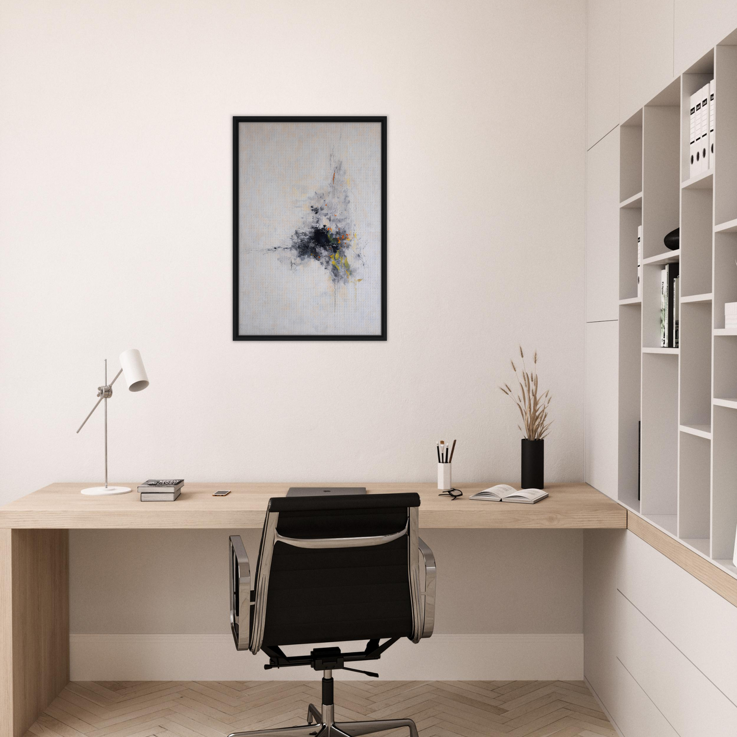 Minimalist home office with Cosmic Chaos Communion framed canvas print and wooden desk