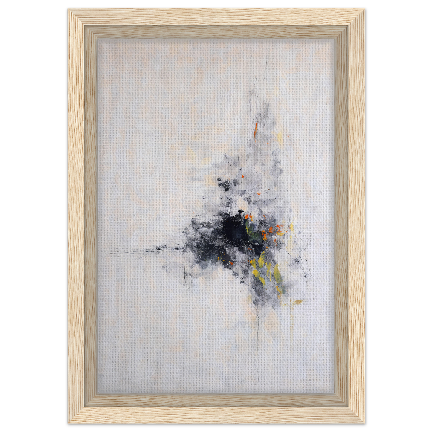 Abstract painting in gray, black, and yellow for Cosmic Chaos Communion framed canvas print